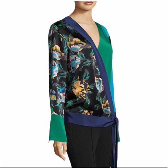 Diane Von Furstenberg 100% Silk Crossover Tie Blouse Blue Green Black Floral - Picture 14 of 15